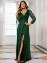 EVER-PRETTY Elegant Mesh Patchwork Long Sleeve Evening Dress With Slit And Pleated Detail